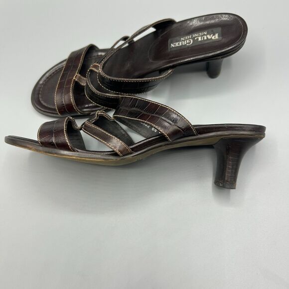 Paul Green Sandals Heel Brown Croc Leather Open Toe Slip On Shoes Size 6.5 - Picture 7 of 11